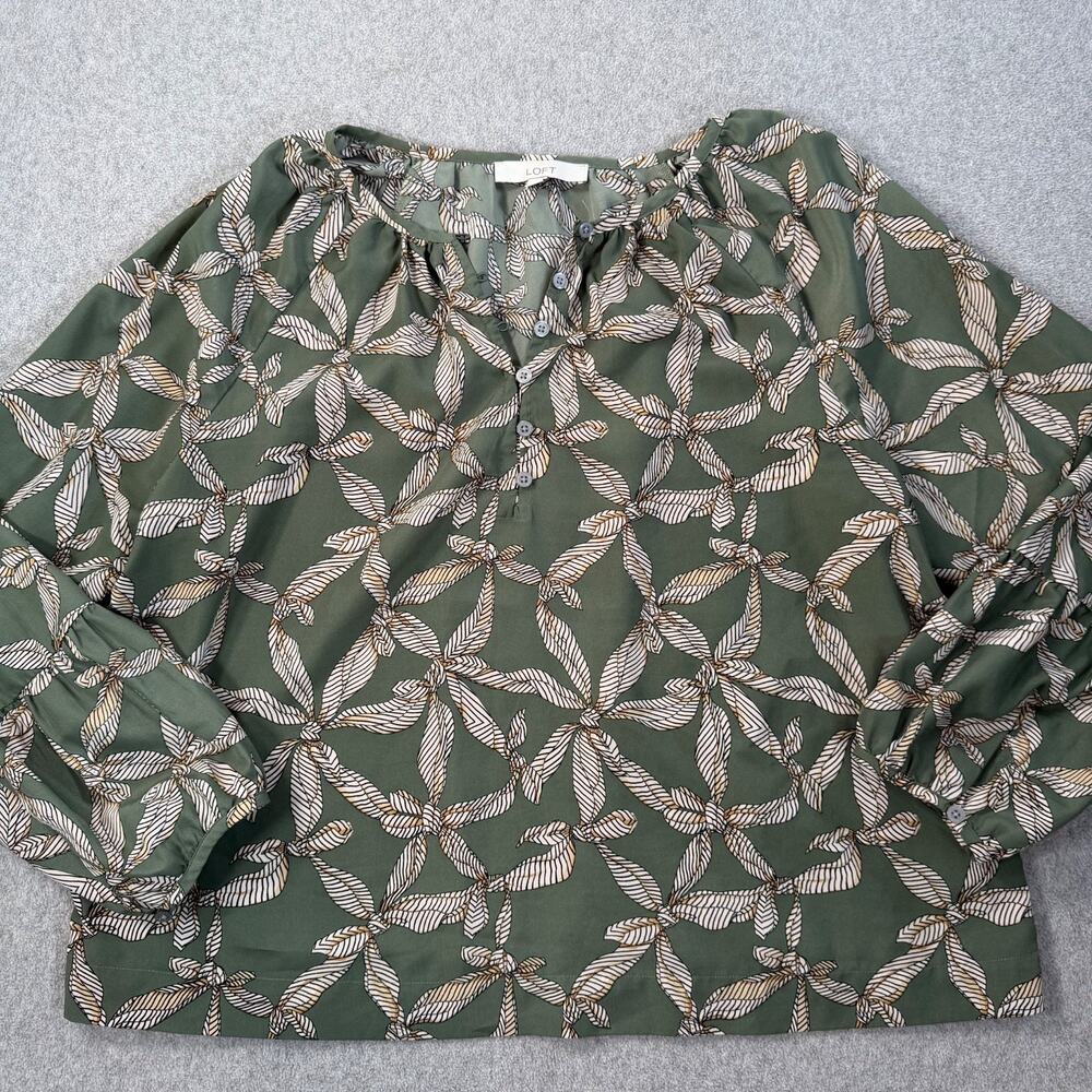 Loft Green Ribbon Print Blouse Women's XL Long Sleeve V-Neck Top